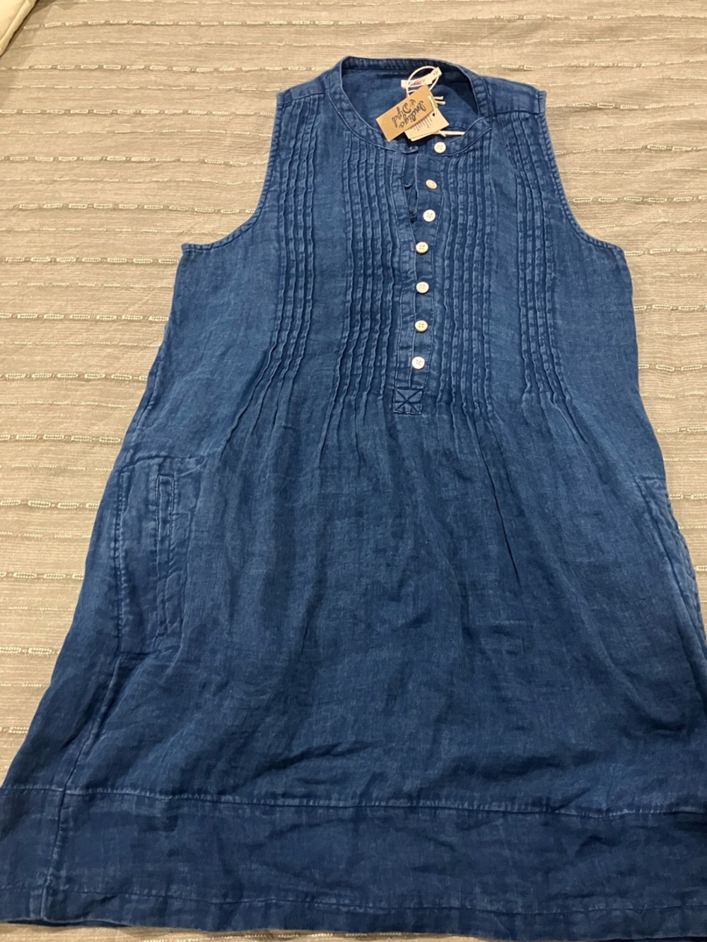 Faherty Indigo Blue Isha Sleeveless Pintuck Linen Dress